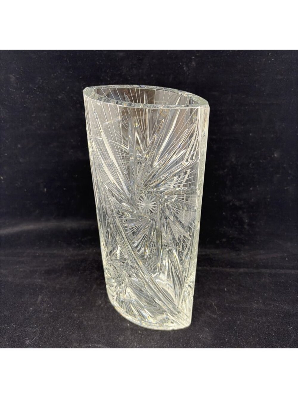 Vtg Hungarian Hand Cut Crystal Pinwheel Starburst Oval Pocket Vase 10.5" Heavy